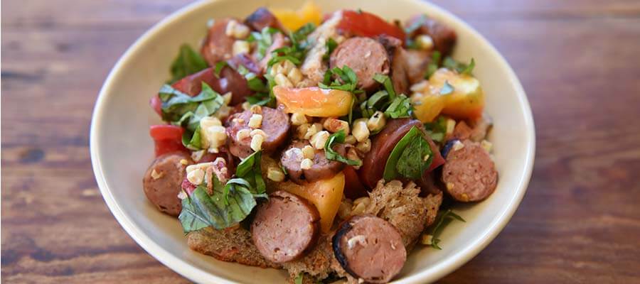 Tomato and Bread Salad with Sweet Italian Sausage - Niman Ranch