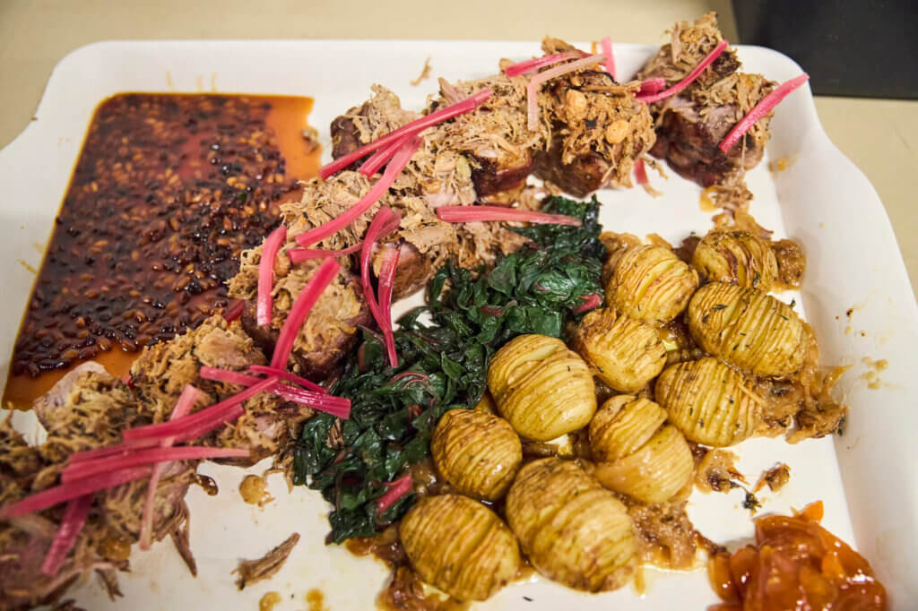 Dry-aged Iberian Duroc pork collar two ways with Swiss chard, Hasselback potato boulangere, kumquat and sauce Romaine